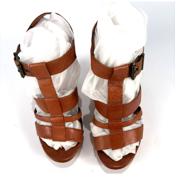 Jessica Simpson Heels Brown Leather Woven Wedge Sandals Size 8 - Picture 9 of 13